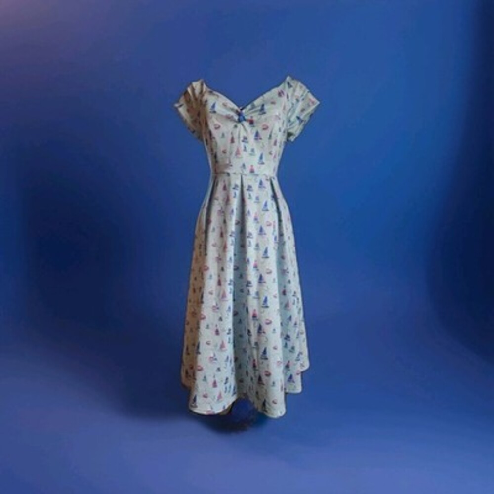 Dolly and Dotty Lily Nautical Sailboat Blue Off Shoulder Dress Sz 10 (Runs Big)